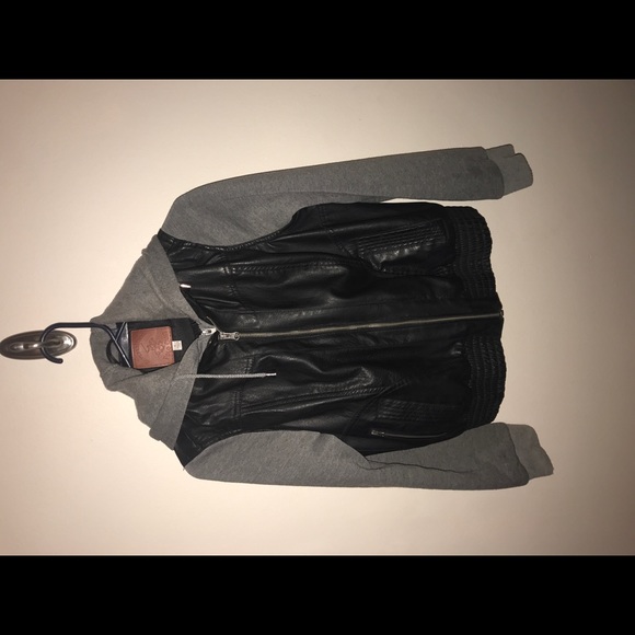 Windsor Jackets & Blazers - Gray and black faux leather bomber jacket w/ hood